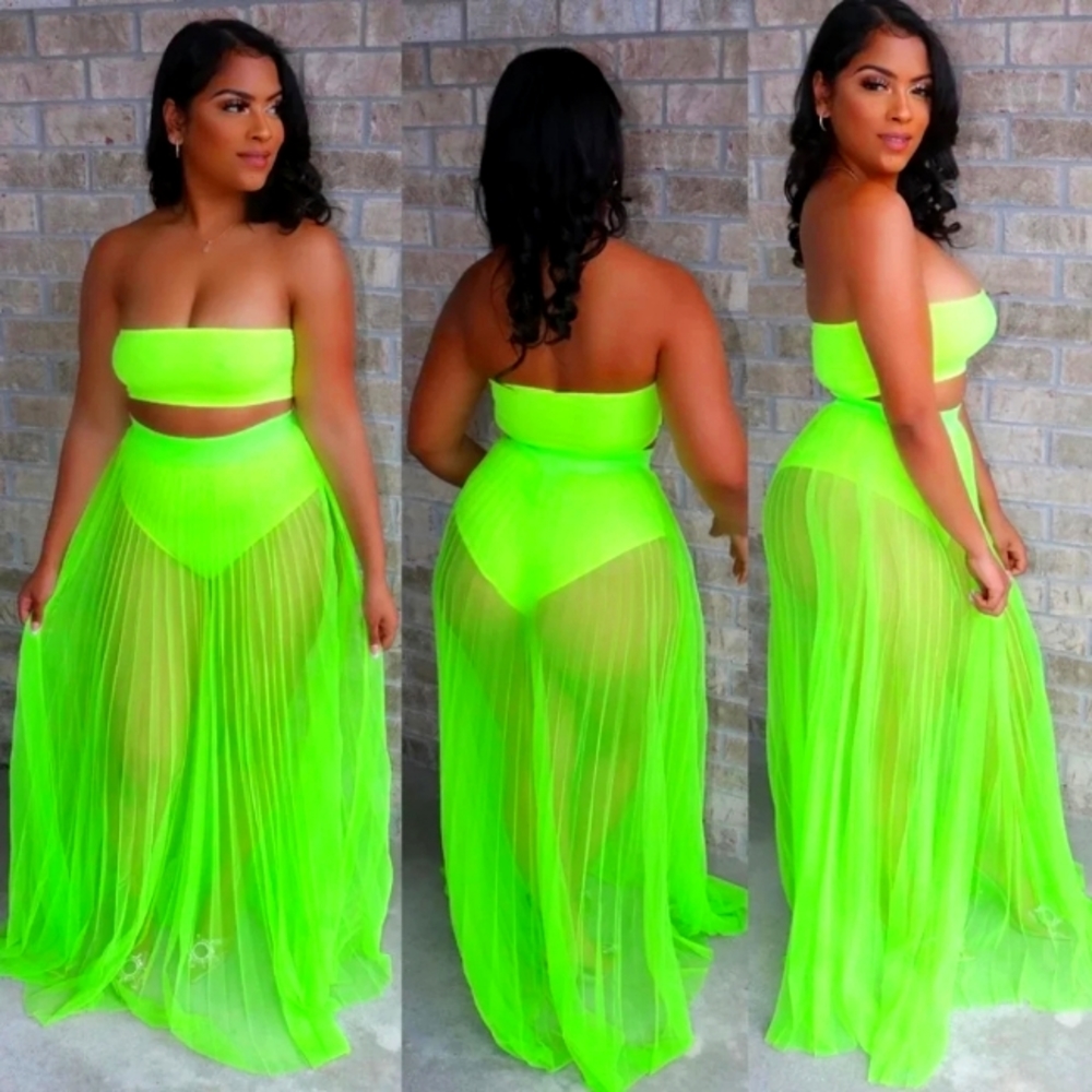 Mesh Summer Two Piece Set Casual Neon Spaghetti Strapless Sleeveless Crop Tops